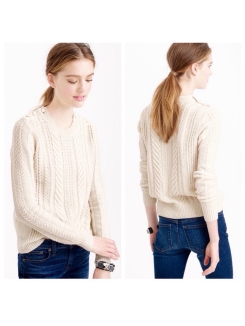 J Crew Wool Cable Knit Red Sweater Sz M Crewneck Button detail on the shoulder